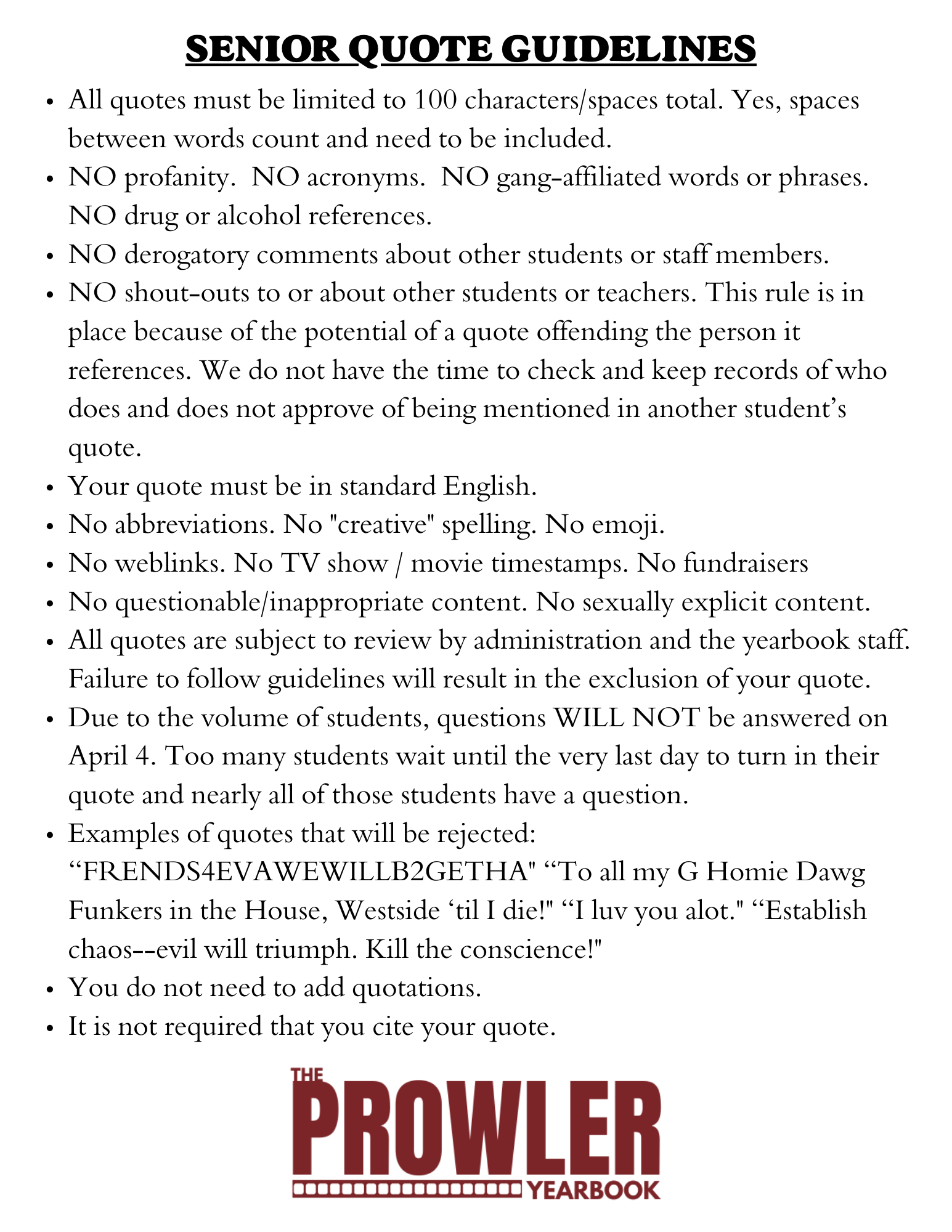 senior quote guidelines